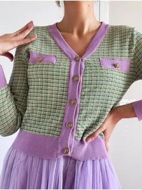 PIECES ASOS Plaid Oversized Cardigan Knit Sweater Green Purple Lavender M NEW